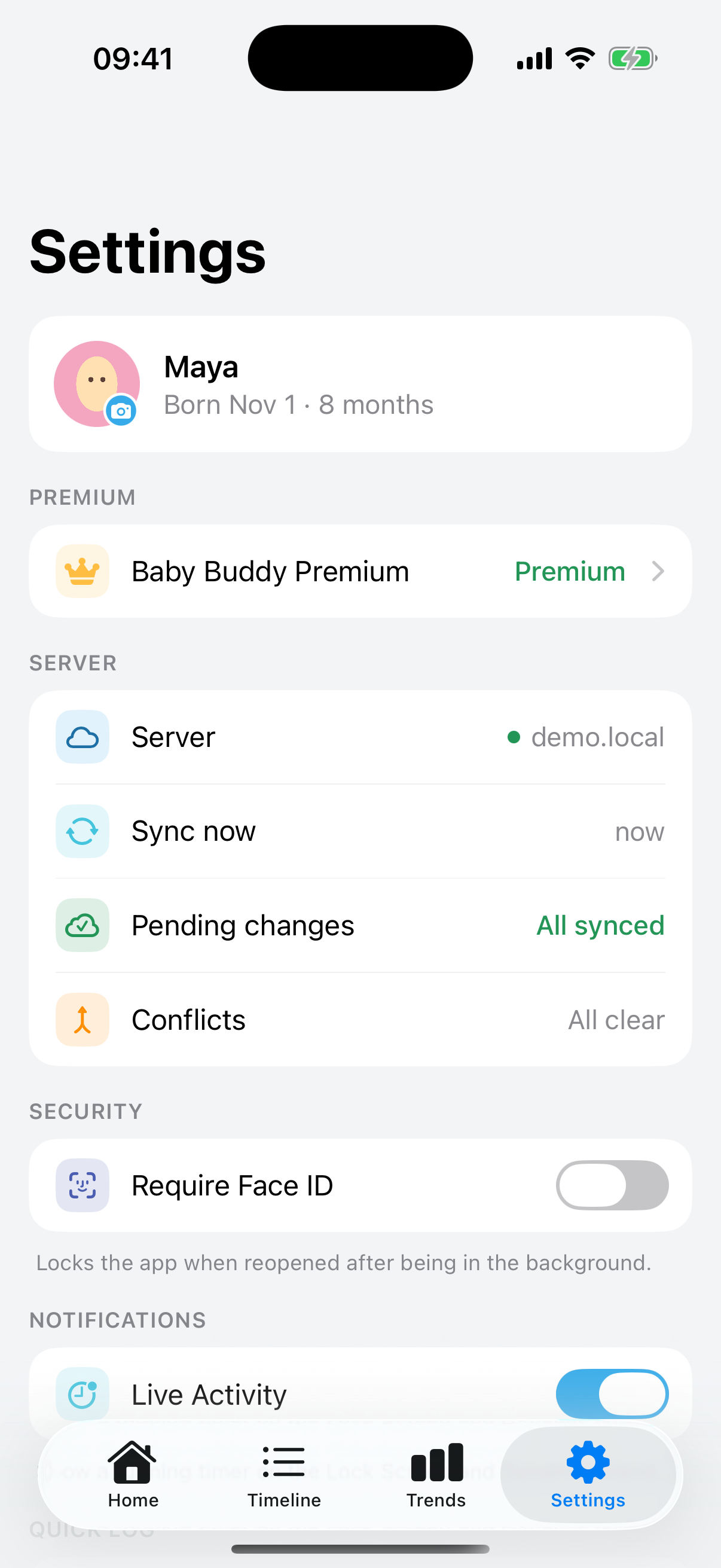 Real app settings showing server sync status, conflicts and Face ID controls
